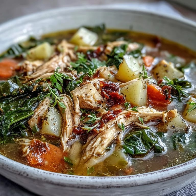 Close-up of a spoon lifting Collard Greens, Chicken and Vegetable Soup, revealing carrots and potatoes in a savory broth.