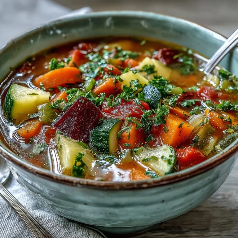 Healthy vegan Rainbow Vegetable Detox Soup served in a rustic bowl with a side of bread.