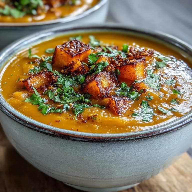 A warm bowl of butternut squash and lentil soup topped with cilantro, paired with crusty bread.