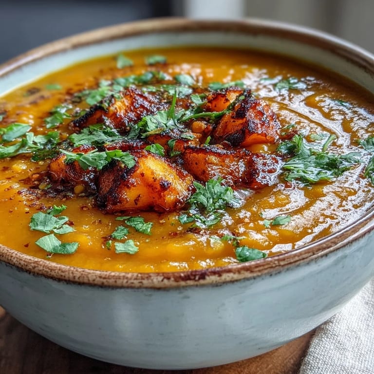Vibrant butternut squash and lentil soup blended smooth, showcasing a rich golden-orange hue in a rustic bowl.
