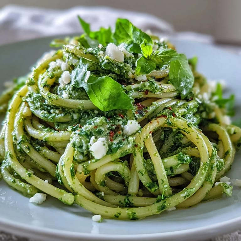 Close-up of Linguine with Arugula Pesto on a plate, garnished with black pepper and herbs.