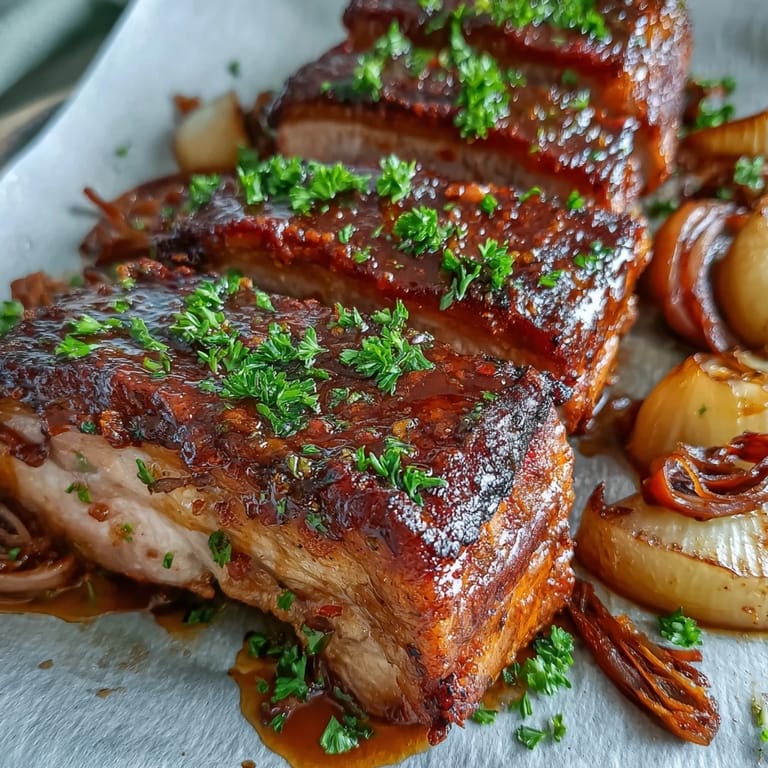 A close-up of glazed Pork and Aromatic Rhubarb Traybake served on a rustic platter with fresh herbs.