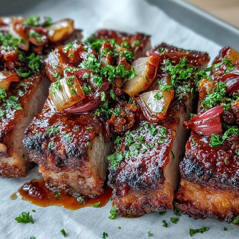 Colorful baked Pork and Aromatic Rhubarb Traybake with tender pork, pink rhubarb, and red onions.