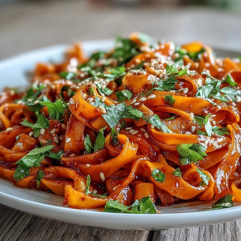 Tender roasted swede noodles tossed with sesame oil and gochujang, topped with scallions and crunchy bean sprouts.