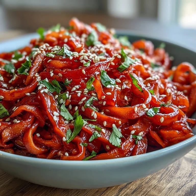 Hearty Gochujang Swede Noodles served warm with julienned carrots and toasted sesame seeds for a flavorful vegan main.