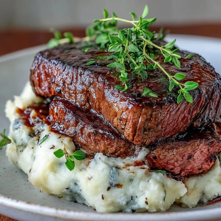 Golden-brown venison steaks served over creamy caraway swede mash, with fresh thyme sprigs on the side.
