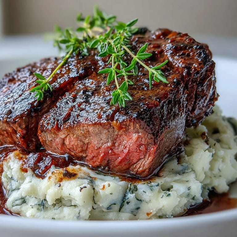 Sizzling venison steaks topped with herb butter, paired with caraway-infused swede mash on a rustic plate.