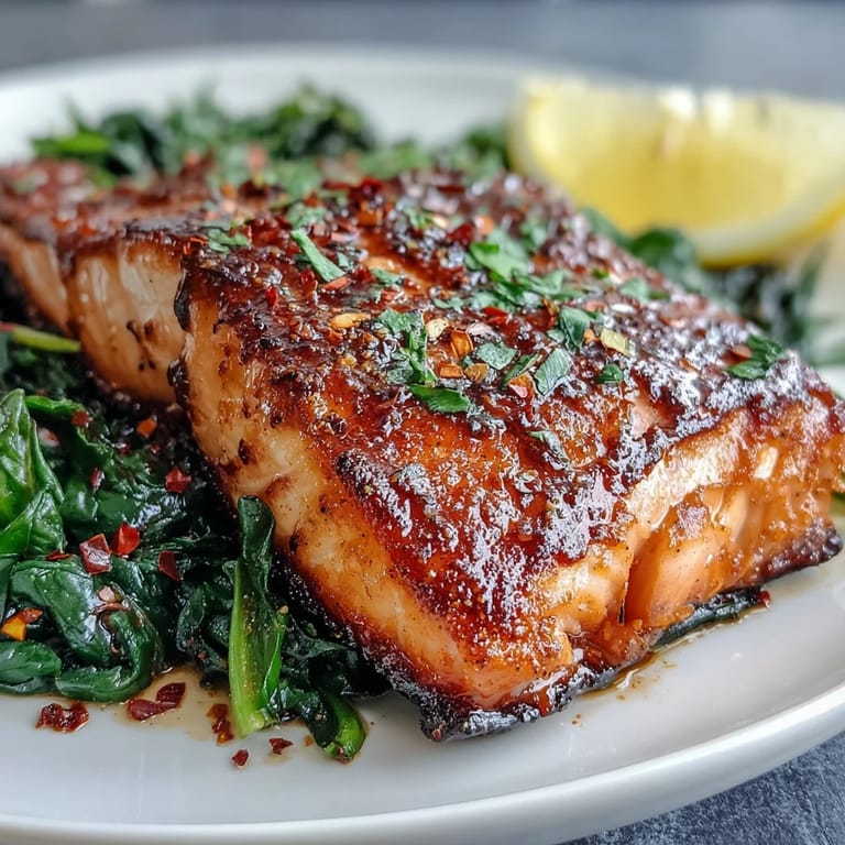 Tender Air Fryer Salmon and Swiss Chard is plated for two, garnished with garlic and smoked paprika seasoning.