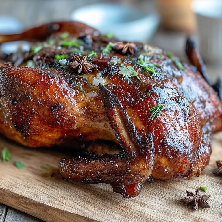 Crispy-skinned Five-Spice Roast Ducks garnished with fresh orange slices on a rustic platter.