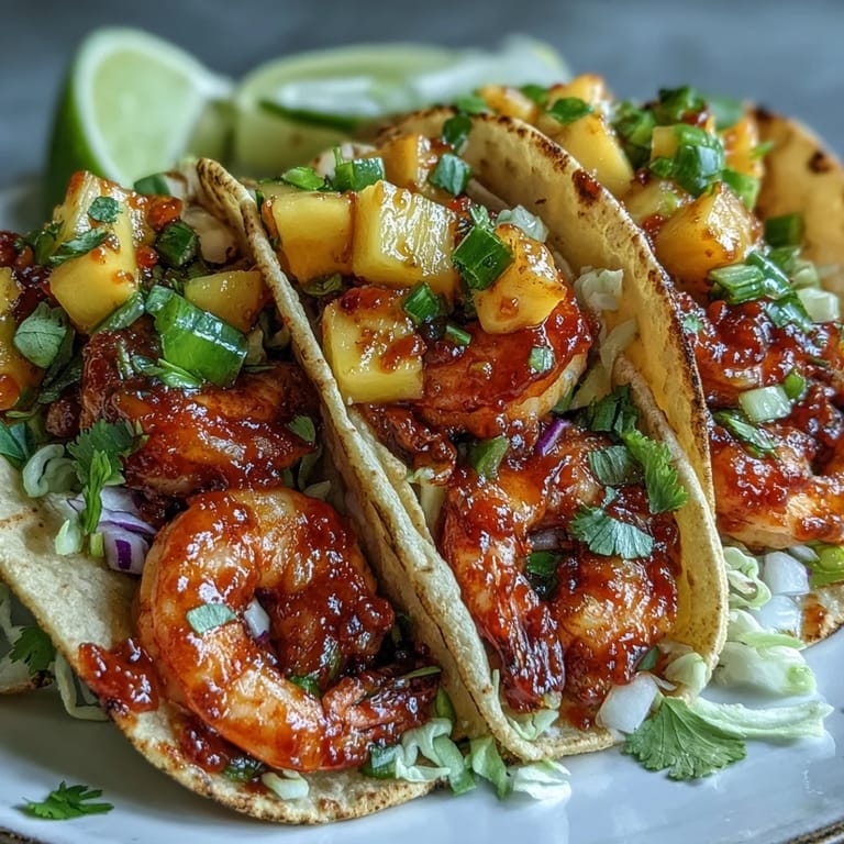 A close-up of Sriracha Shrimp Tacos with Mango Salsa, showcasing saucy shrimp and vibrant, chunky salsa.