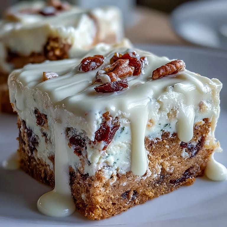 Chewy Cranberry Bliss Bars topped with zesty orange cream cheese frosting, served on a cooling rack.