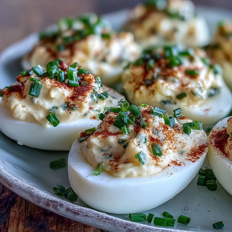 Creamy filling in halved egg whites, Million Dollar Deviled Eggs topped with chives and paprika for a classic bite.