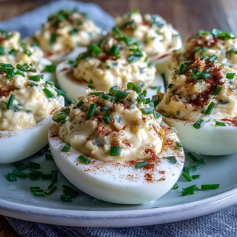 Freshly prepared Million Dollar Deviled Eggs stacked on a white plate, ready to enjoy as a cold snack.