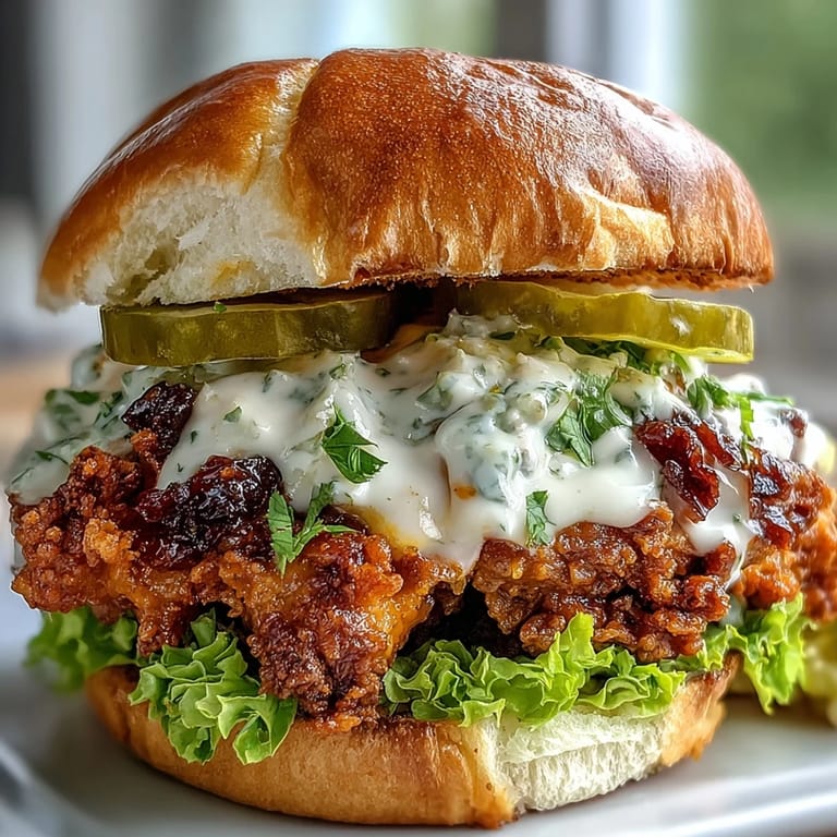 Crispy, spicy fried chicken breast with homemade sauce on a buttery brioche bun and pickles.