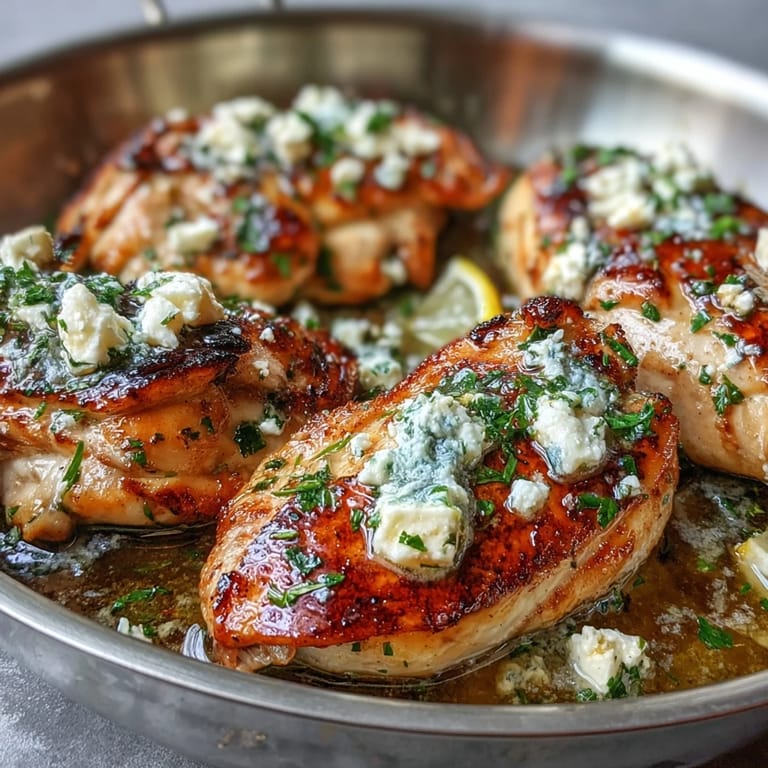 Golden seared Greek Chicken with Lemon and Feta topped with crumbled cheese and fresh parsley for a zesty meal.