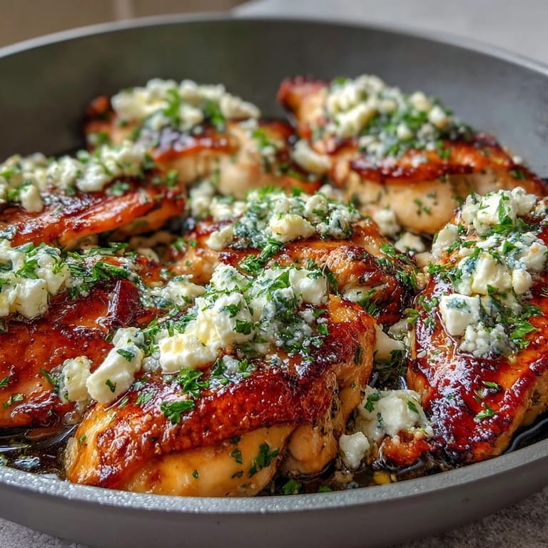 Sizzling Greek Chicken with Lemon and Feta served on a white platter with lemon wedges and olive oil drizzle.