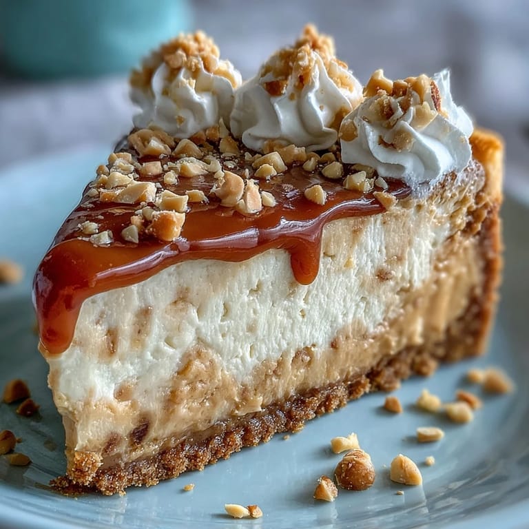 A whole Nutter Butter cheesecake with a golden crust, peanut butter swirls, and cookie garnish on a marble counter.