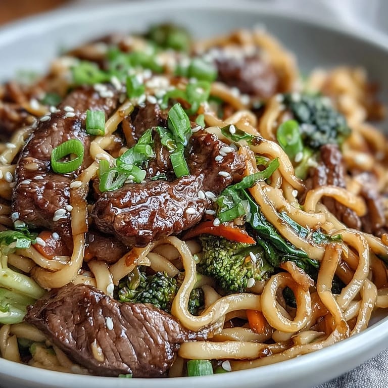 Sizzling beef and aromatic garlic-ginger toss with glossy noodles in this Korean beef noodles recipe, ready to serve with chopsticks and a sprinkle of sesame seeds.