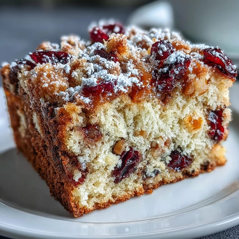 Golden brown Cranberry Orange Breakfast Cake features tart cranberry bursts in every tender slice.