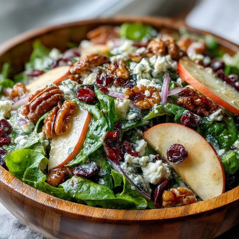 Crunchy walnuts and dried cranberries tossed in a tangy cider vinaigrette over this refreshing Mixed Greens and Apple Bowl.