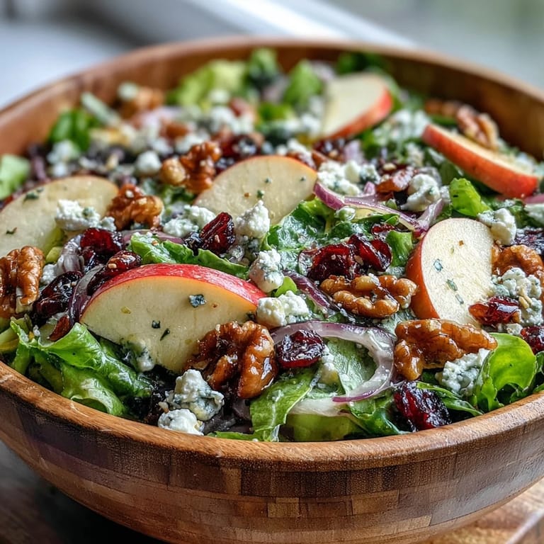 Vibrant salad greens topped with sweet apple, savory cheese, and walnuts for a healthy Mixed Greens and Apple Bowl.
