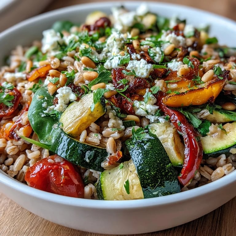 Close-up of a warm Farro Pasta Bowl with sautéed cherry tomatoes, yellow peppers, and fresh parsley, ready to serve as a healthy vegetarian dinner.