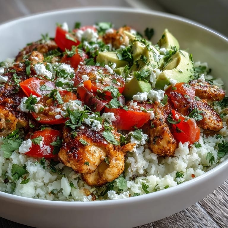 Savory grilled chicken and roasted vegetables fill a hearty bowl of cauliflower rice, drizzled with creamy tahini yogurt sauce.