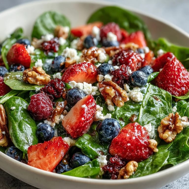 Serving suggestion for Spinach and Berry Salad Bowl: creamy goat cheese and crunchy nuts mixed with tender spinach and sweet berries.