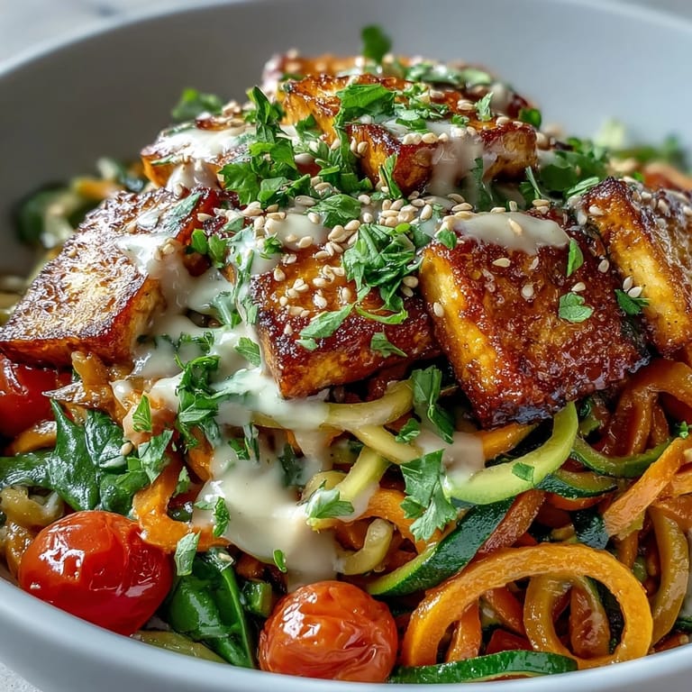 A vibrant Spiralized Vegetable Bowl features zucchini noodles, sweet potato, and a creamy tahini drizzle with sesame seeds.