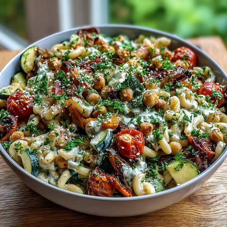 Steaming plate of Chickpea Pasta Bowl served with colorful roasted vegetables and a rich tahini dressing, perfect for a healthy vegan dinner.