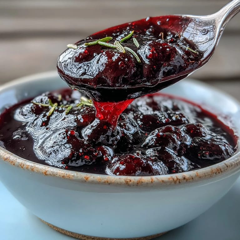 A skillet of bubbling Black Currant and Rosemary Reduction is simmering with minced shallots and garlic, releasing aromatic steam.