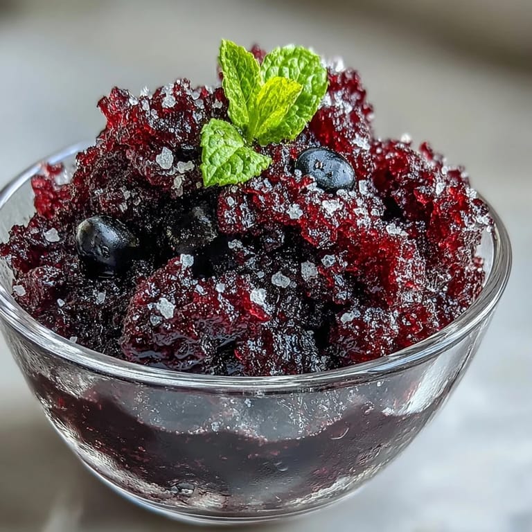 Two chilled glasses of Black Currant Granita are topped with fresh berries, offering a refreshing summer dessert option.
