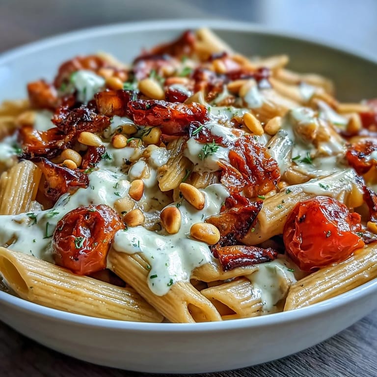 Nutty whole wheat pasta mixed with colorful roasted bell peppers, zucchini, and onions, drizzled with protein-rich Greek yogurt sauce.