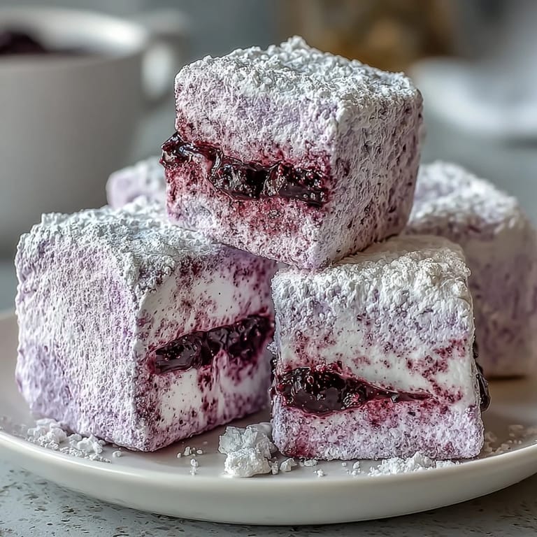 Vibrant blackcurrant marshmallows with a soft, pillowy texture, perfect for gourmet desserts or sweet snacking.