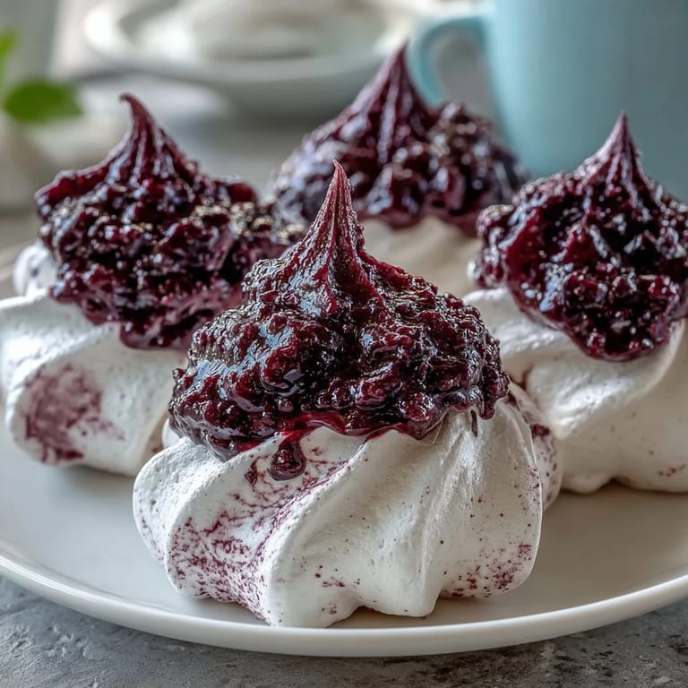 Crunchy, melt-in-your-mouth black currant meringues dusted with freeze-dried berry powder for a stunning and flavorful dessert.