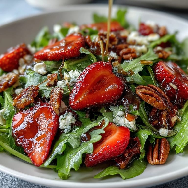 Refreshing strawberry arugula salad with goat cheese, red onion, and sweet balsamic glaze.