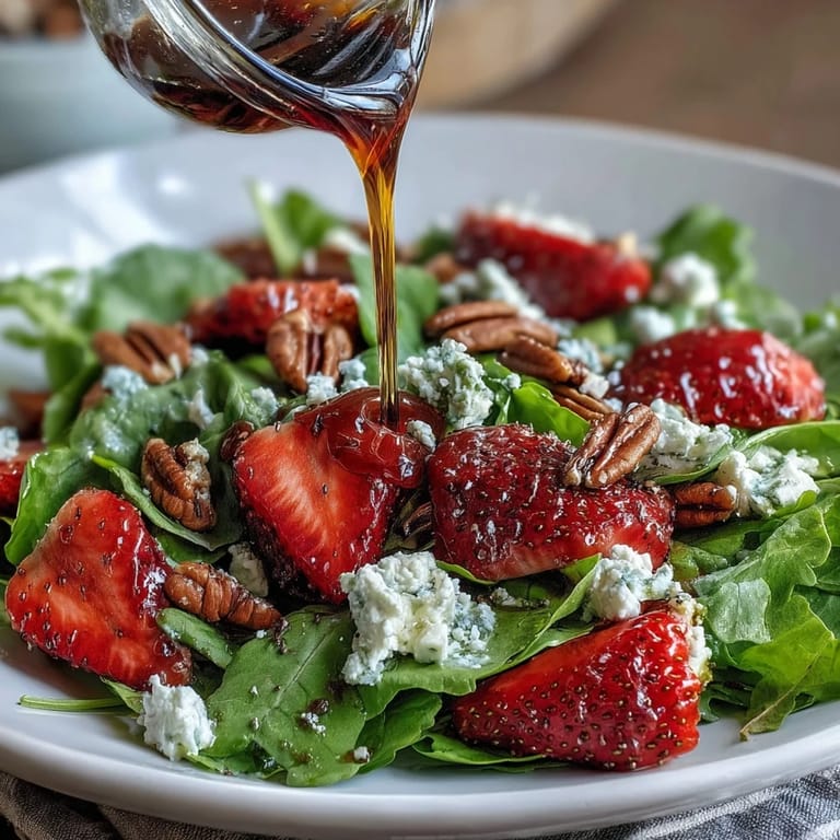 Vibrant arugula and strawberry salad topped with toasted pecans and tangy balsamic reduction.  