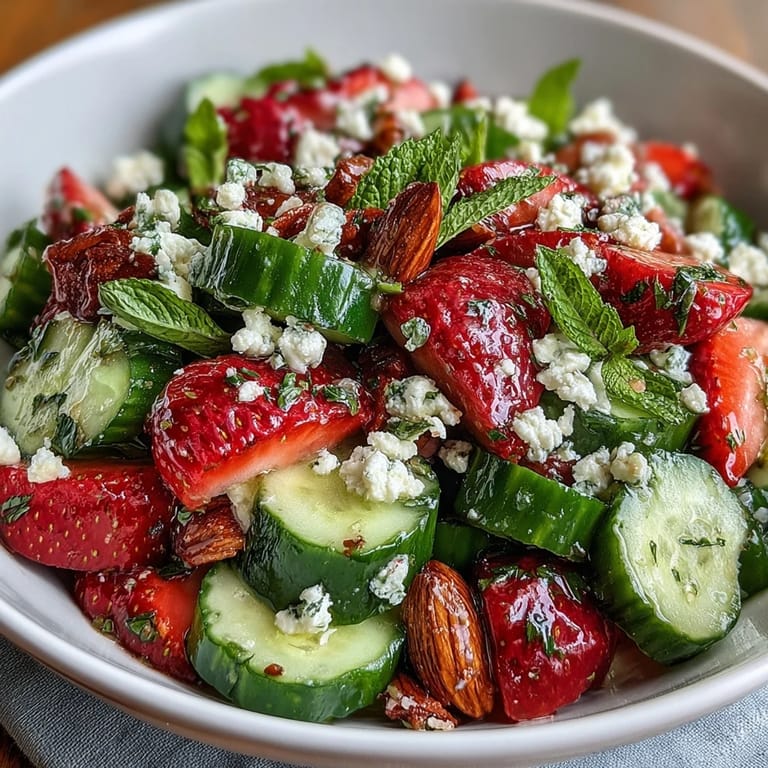Crisp cucumber slices and juicy strawberries tossed with mint in a refreshing, colorful salad bursting with spring flavors.