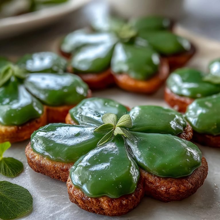 Delicate shamrock-shaped sugar cookies with glossy green royal icing, ideal for St. Patricks Day parties and festive gatherings.