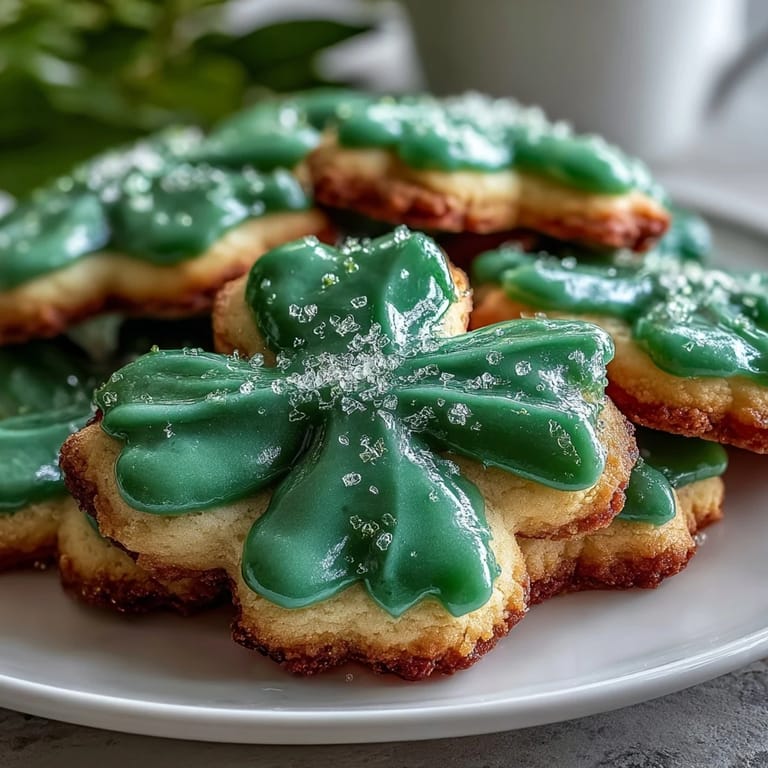 Buttery sugar cookies shaped like shamrocks and topped with smooth green royal icing, perfect for holiday dessert trays.  