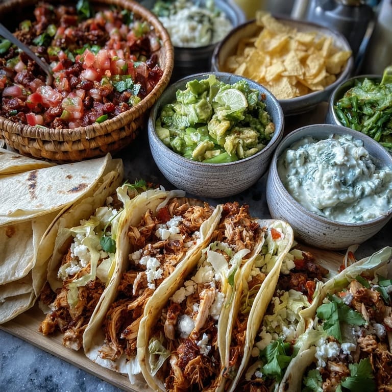 An inviting taco bar setup featuring warm tortillas, fresh toppings, and vibrant Mexican sides perfect for a festive Cinco de Mayo celebration.