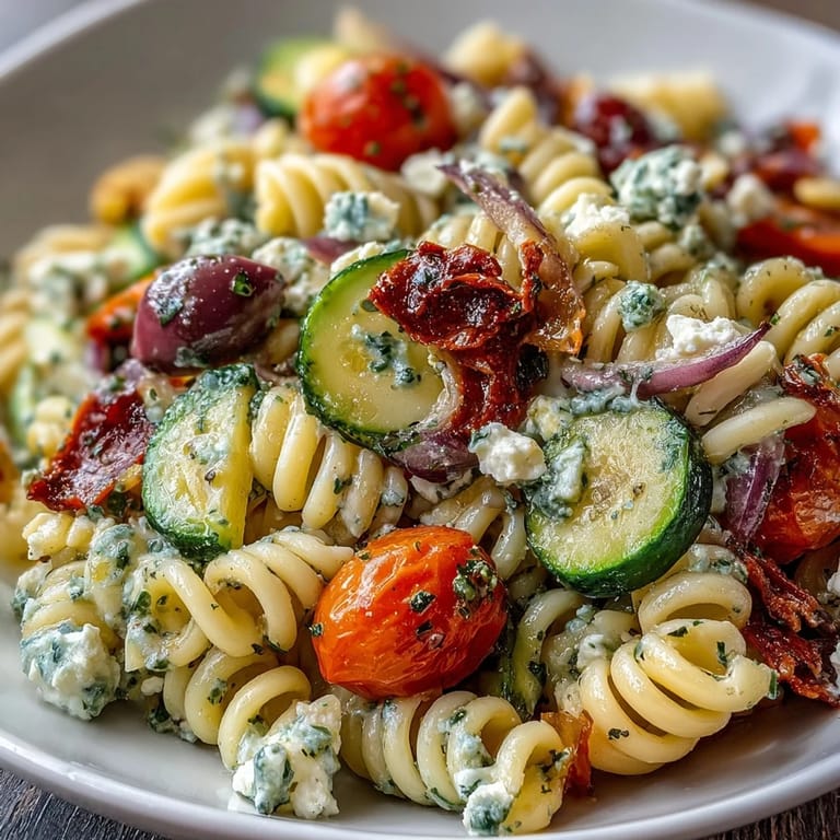 Vibrant Mediterranean pasta salad featuring al dente penne, tangy feta, juicy tomatoes, and Kalamata olives in a red wine vinaigrette.