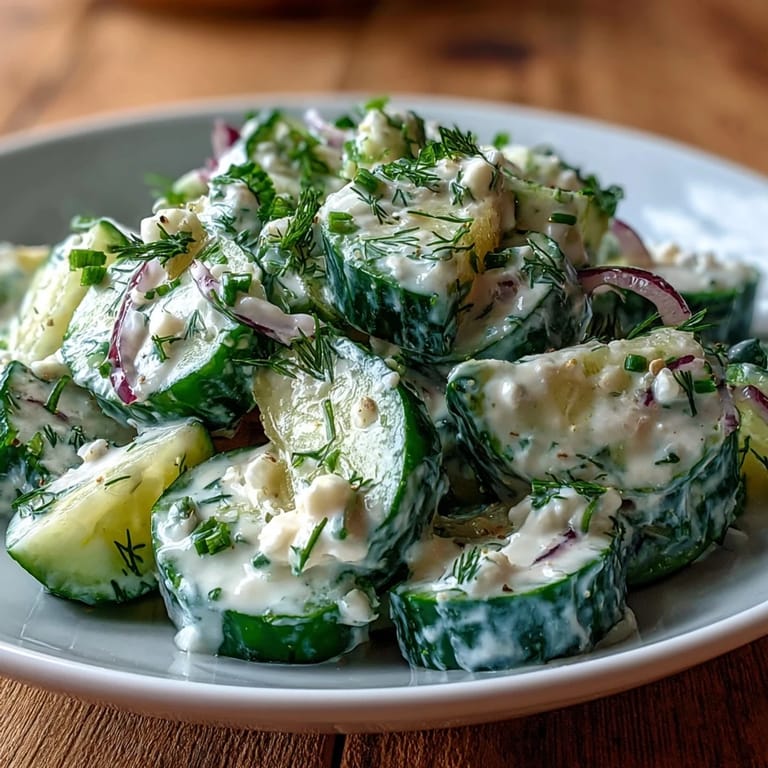 Refreshing creamy cucumber salad with dill, showcasing vibrant green cucumbers and red onion in a bowl, served as a healthy side dish.