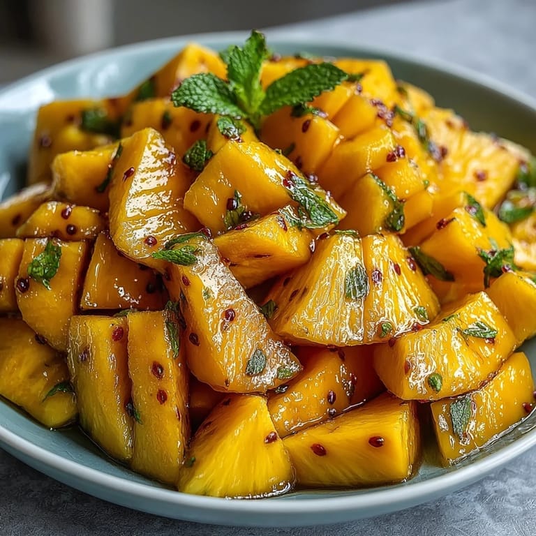 Colorful arrangement of mango slices, pineapple chunks, and mixed tropical fruits, garnished with fresh mint and lime wedges.