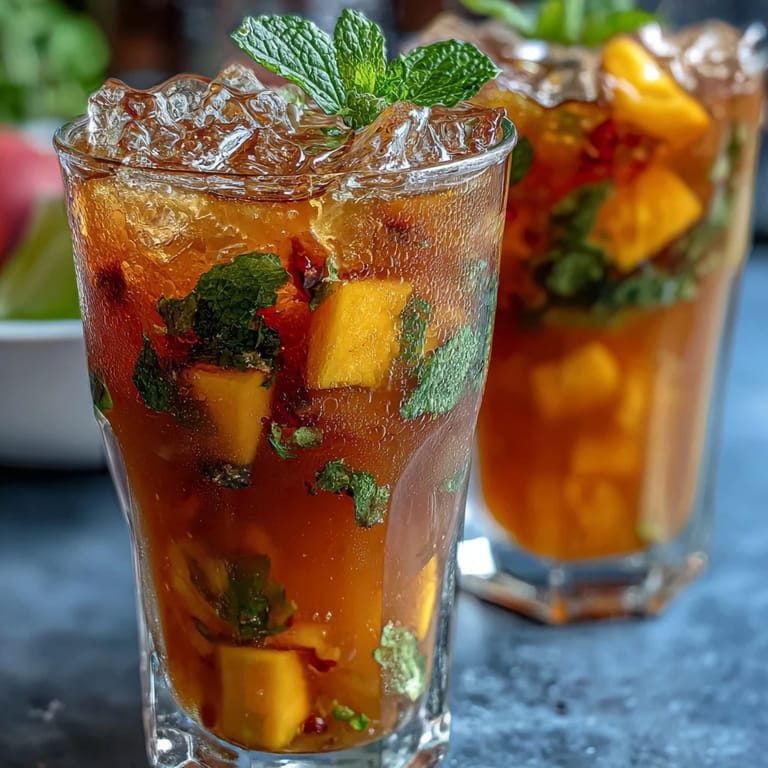 Vibrant non-alcoholic sangria bursting with ripe mango, peach, and citrus in a clear pitcher.