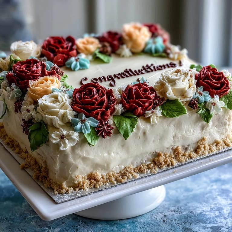 Festive vanilla sheet cake topped with smooth buttercream and vibrant piped rose decorations.  