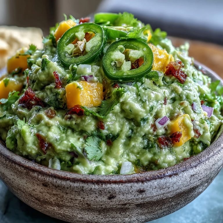Easy Cinco de Mayo Guacamole with Mango and Jalapeño: Rich, chunky guacamole featuring ripe avocado, tropical mango, and a hint of jalapeño heat, ideal for dipping or topping tacos.