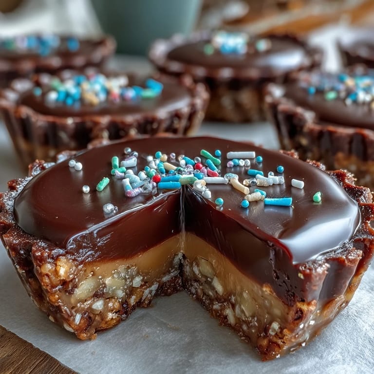Peanut butter and chocolate cups with a pretzel crust, combining salty crunch and creamy richness in every bite.  