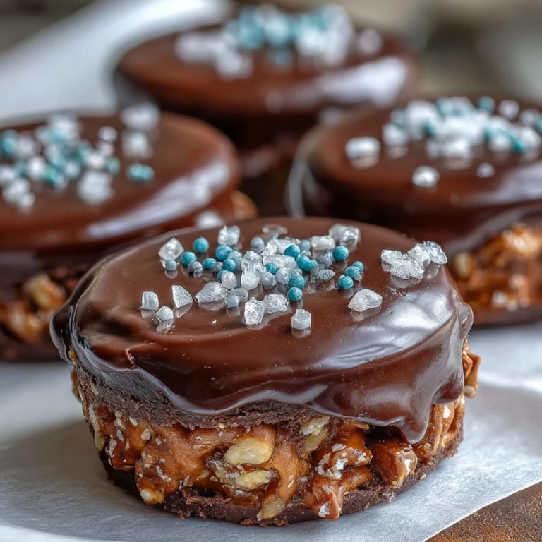 Rich chocolate-topped peanut butter cups on a salty pretzel base, offering a delightful balance of textures and flavors.
