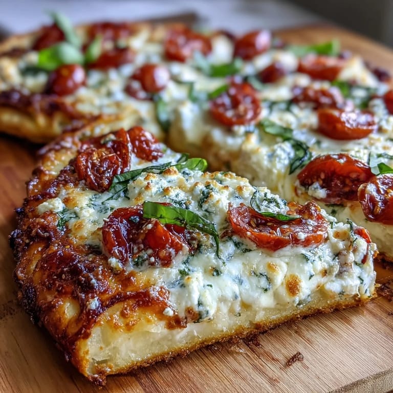 High-protein cottage cheese flatbread pizza features a tender base layered with savory pizza sauce, gooey cheese, and vibrant vegetable toppings for healthy comfort food.